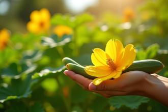 Main de jardinier tenant une fleur de courgette fraîche dans un jardin ensoleille
