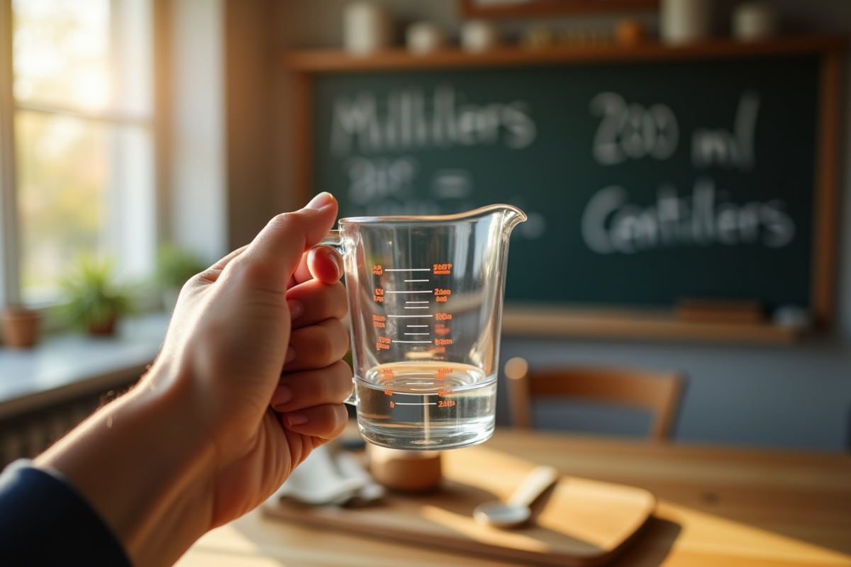 Main tenant un verre doseur de 200 ml avec tableau de conversion au fond