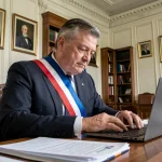 Maire en écharpe tricolore assis à son bureau officiel dans une mairie française, examinant des documents administratifs