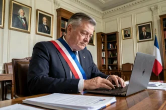 Maire en écharpe tricolore assis à son bureau officiel dans une mairie française, examinant des documents administratifs