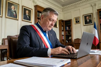 Maire en écharpe tricolore assis à son bureau officiel dans une mairie française, examinant des documents administratifs