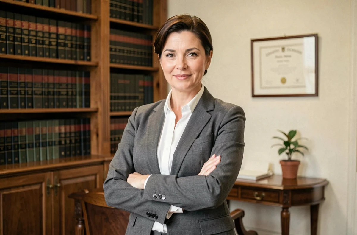 Maître Laure Bertagnolio, avocate à Annecy, en tenue professionnelle dans son cabinet devant une bibliothèque juridique