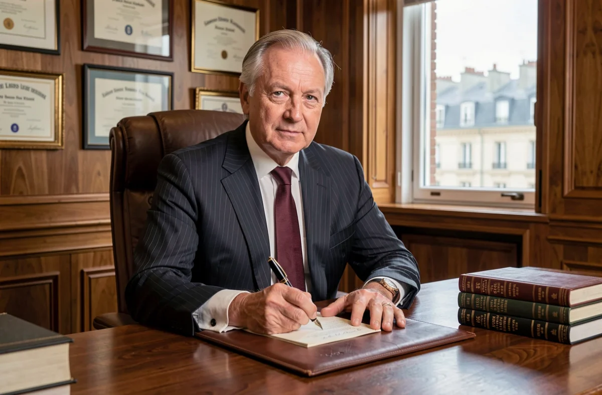 Maître Philippe Metral, avocat à Annecy, écrivant dans son bureau privé en costume rayé classique
