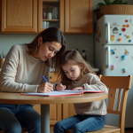 Maman aidant sa fille pour ses devoirs à la maison