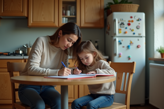 Maman aidant sa fille pour ses devoirs à la maison