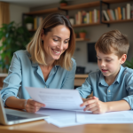 Maman et son enfant regardent des papiers et un ordinateur