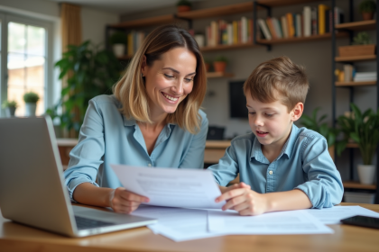Maman et son enfant regardent des papiers et un ordinateur