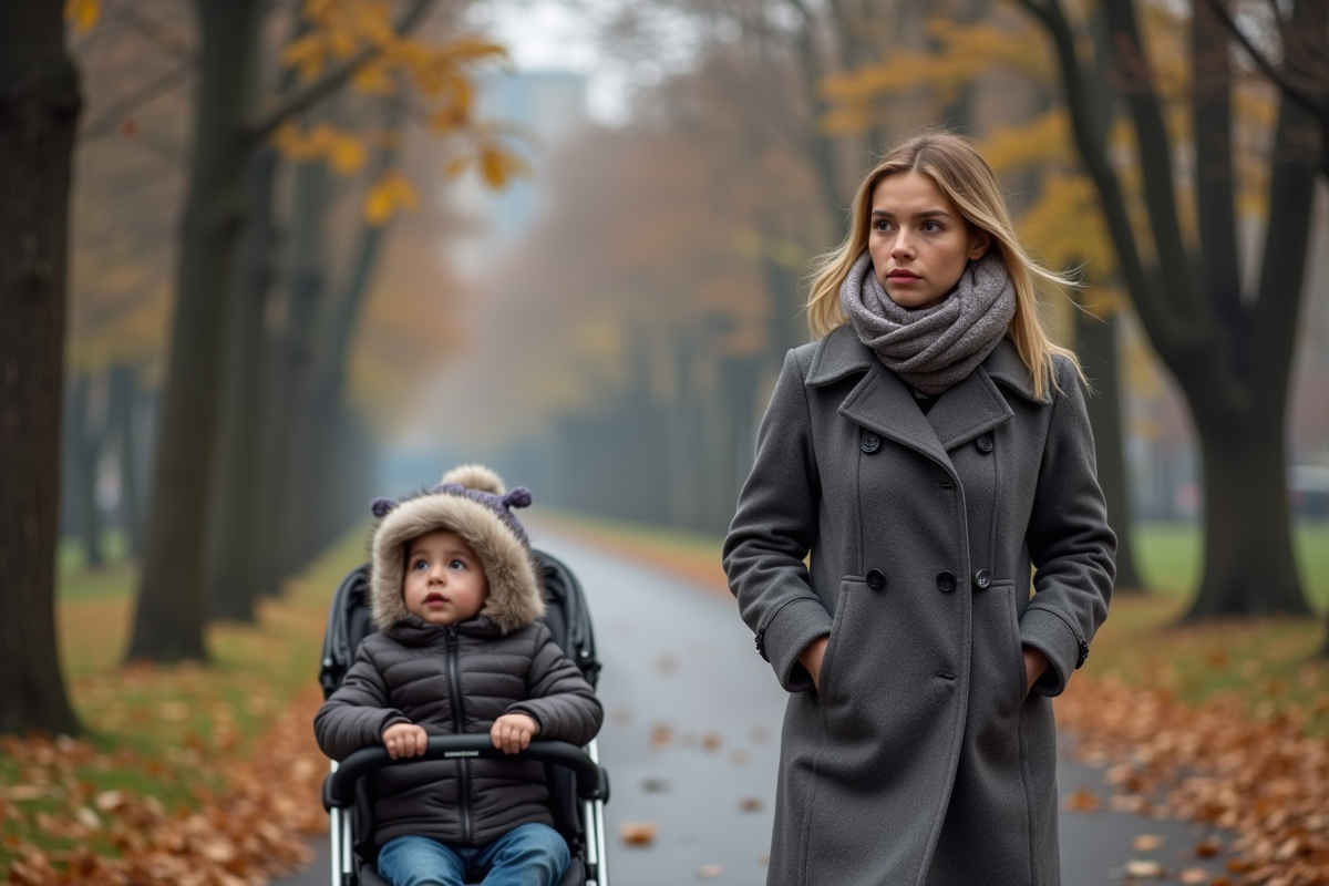 Maman poussant une poussette dans un parc en automne