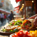 Marché de rue animé avec vendor préparant naan chaud et garni
