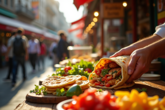Marché de rue animé avec vendor préparant naan chaud et garni