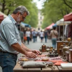 Homme d'&acirc;ge moyen arrangeant objets vintage au march&eacute; en plein air