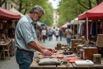 Homme d'âge moyen arrangeant objets vintage au marché en plein air
