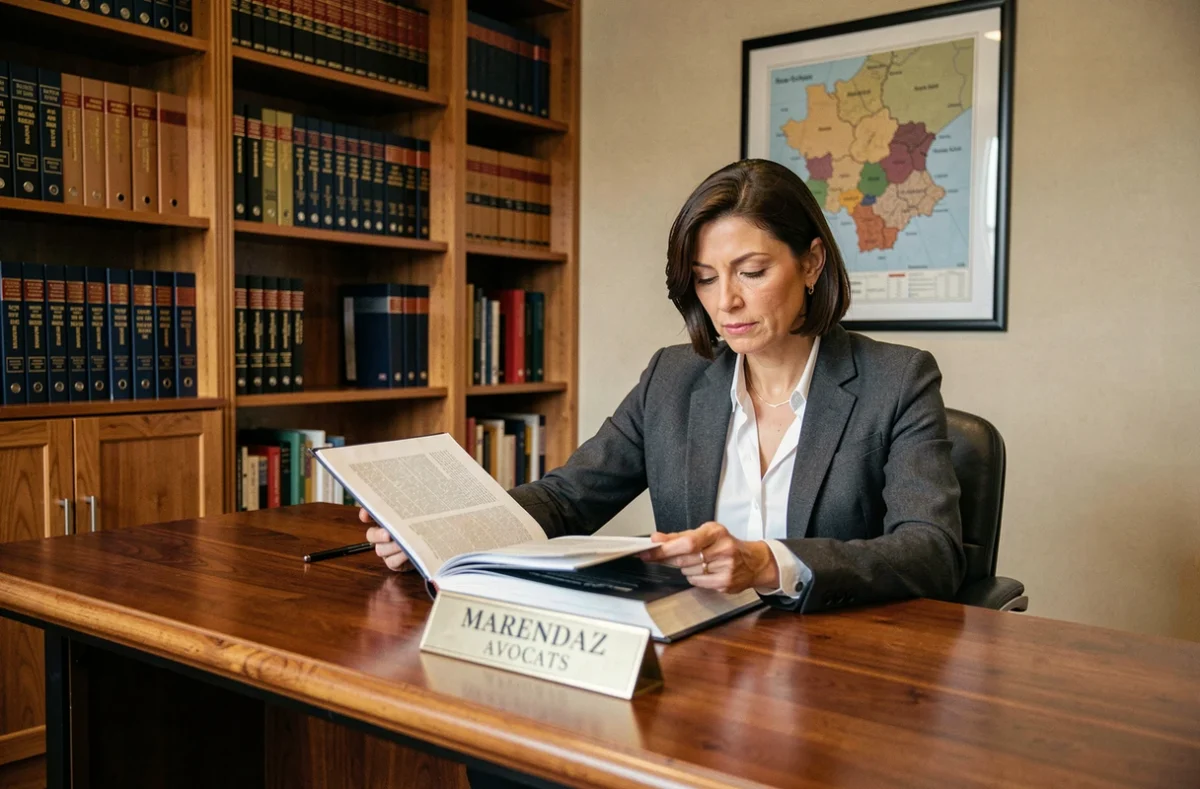 Avocate du cabinet Marendaz Avocats à Annecy examinant un dossier juridique dans un bureau professionnel