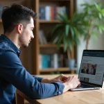 Homme consultant un site d'agrégation de news sur ordinateur portable dans un bureau moderne, illustrant la valeur de la marque Wikio en 2026
