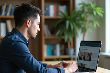 Homme consultant un site d'agrégation de news sur ordinateur portable dans un bureau moderne, illustrant la valeur de la marque Wikio en 2026