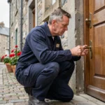 Serrurier professionnel examinant une serrure ancienne sur une porte en chêne dans le Morbihan, classement des meilleurs serruriers 2026