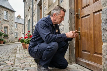 Serrurier professionnel examinant une serrure ancienne sur une porte en chêne dans le Morbihan, classement des meilleurs serruriers 2026
