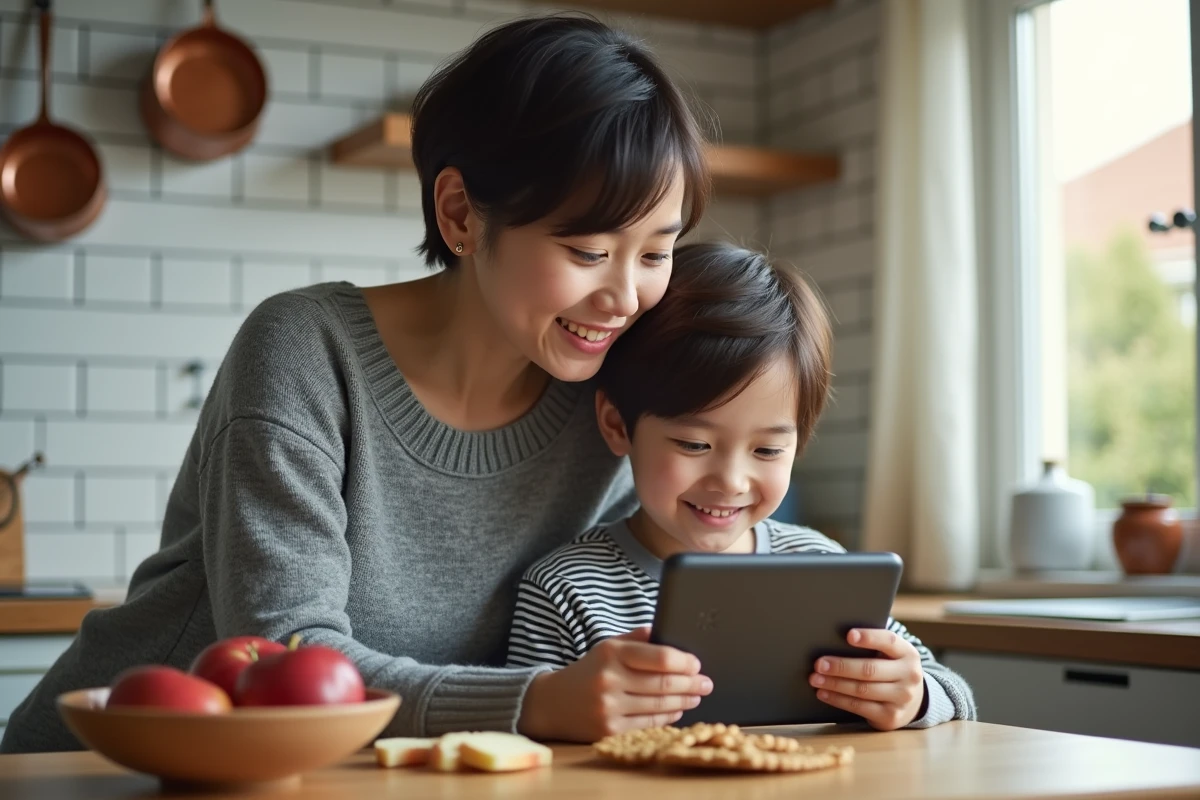Mère et fils regardant ensemble un programme éducatif jeunesse sur tablette dans une cuisine familiale
