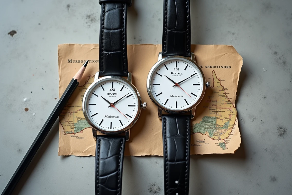 Vue aérienne de deux montres analogiques posées sur béton avec des étiquettes Sydney et Melbourne illustrant la comparaison des fuseaux horaires australiens
