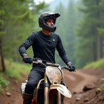 Jeune homme en motocross sur sentier forestier
