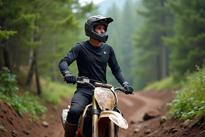 Jeune homme en motocross sur sentier forestier