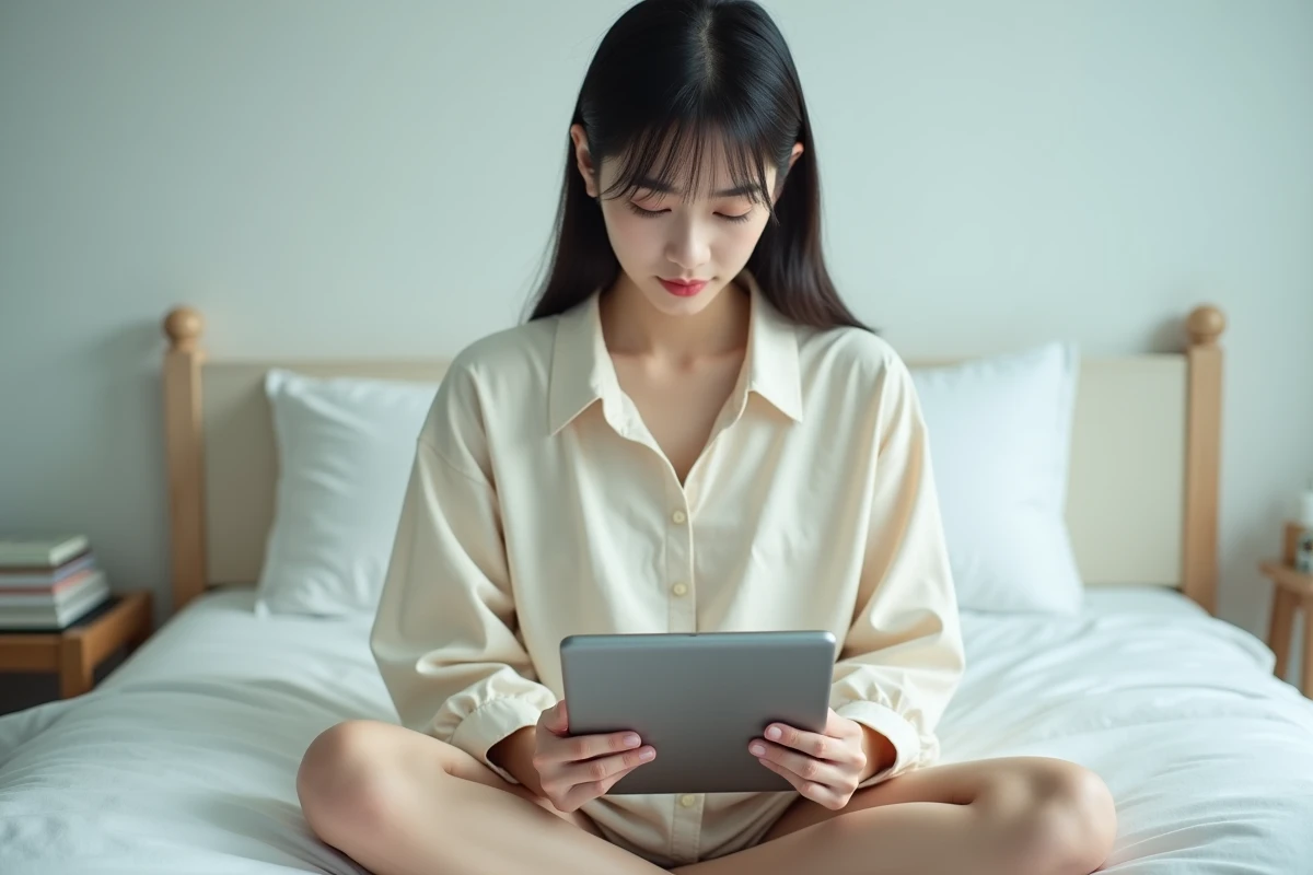 Jeune femme consultant un arc narratif sur une tablette dans sa chambre avec des mangas empilés