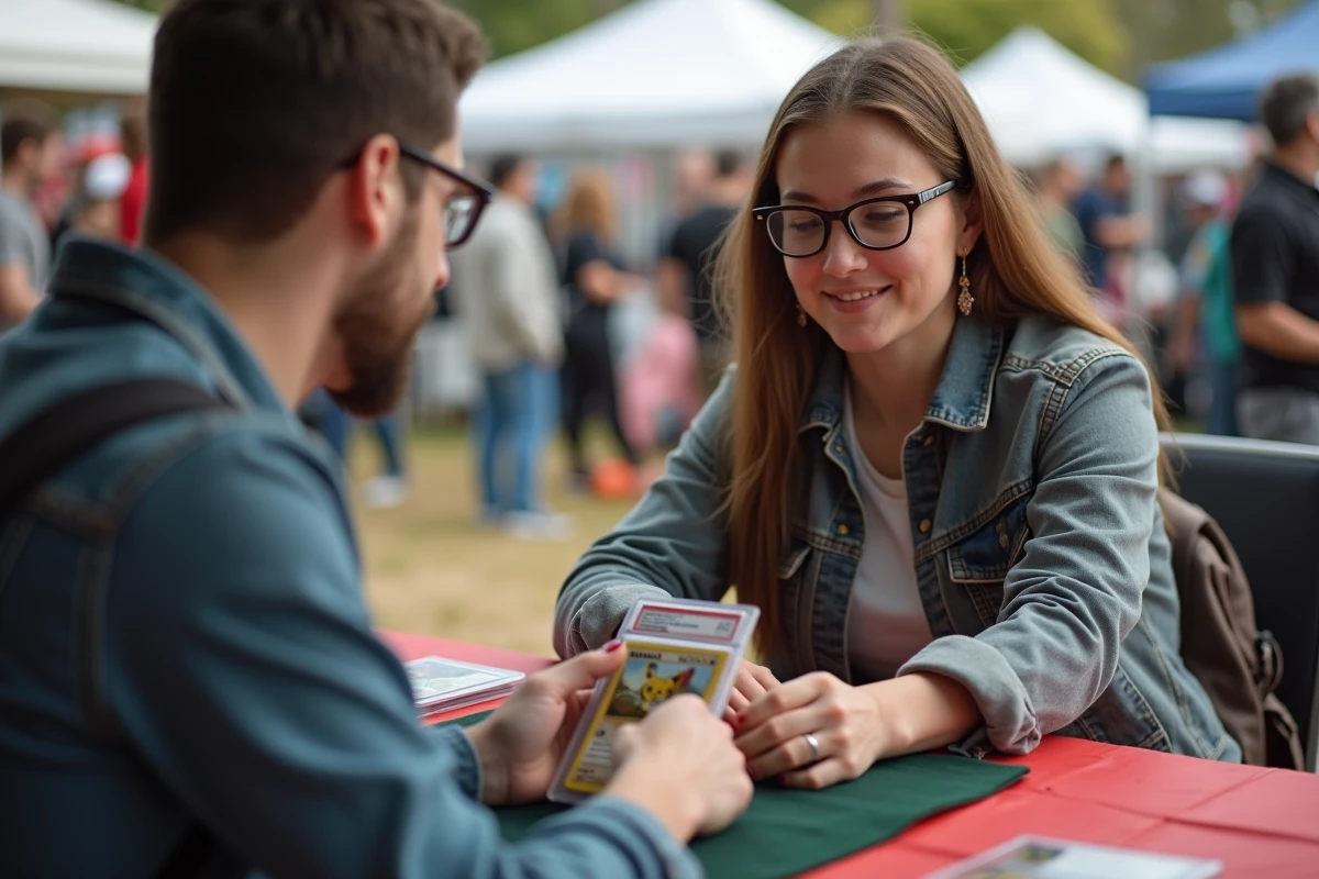 Femme négociant le prix d'une carte Pokémon gradée avec un vendeur lors d'une foire de collection en plein air