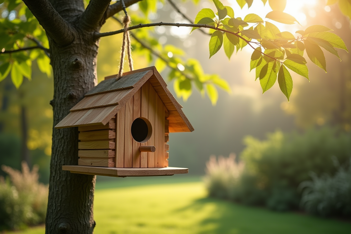 Nichoir en bois attaché à une branche dans un jardin lumineux