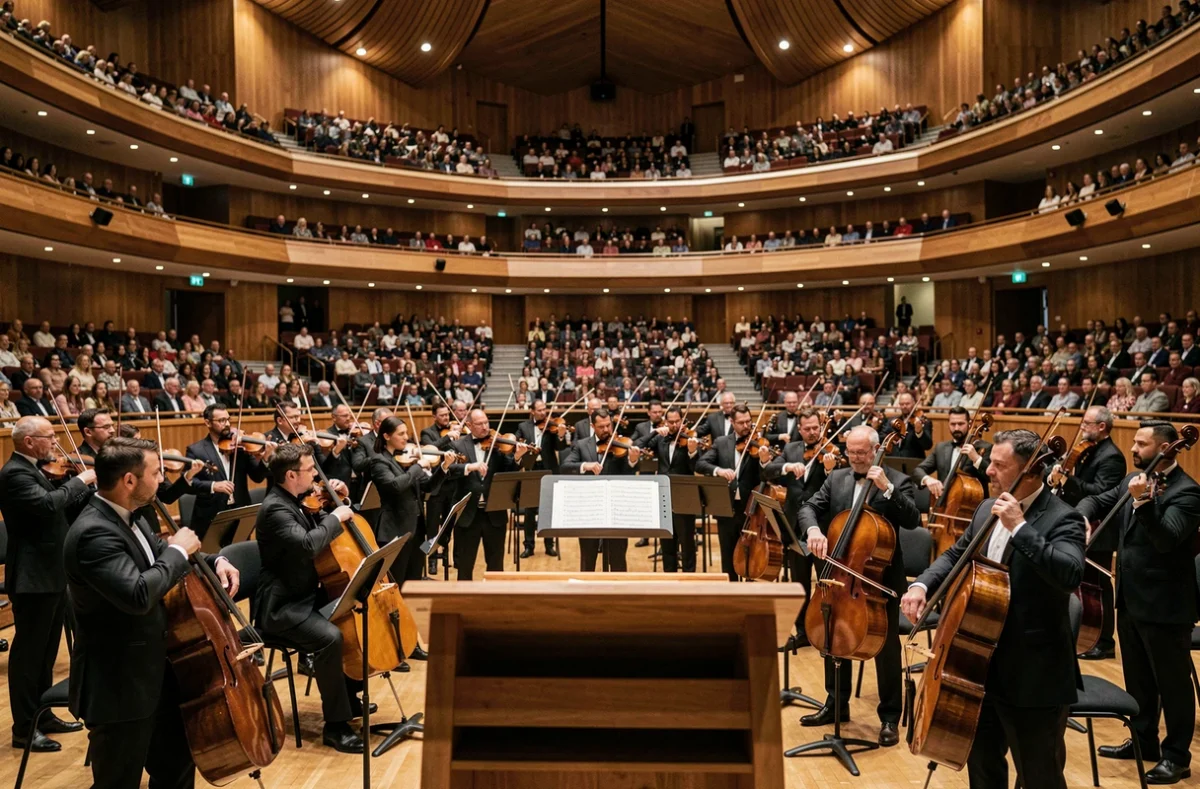Orchestre symphonique en pleine performance dans une salle de concert majestueuse, illustrant l'ampleur épique des compositions de musiques de film