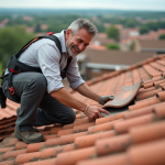 Couvreur posant une tuile romaine sur un toit ancien