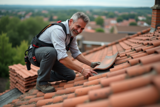 Couvreur posant une tuile romaine sur un toit ancien