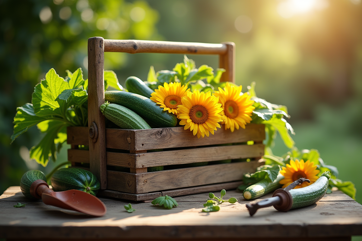 Panier rustique de fleurs de courgette sur une table de jardin au matin
