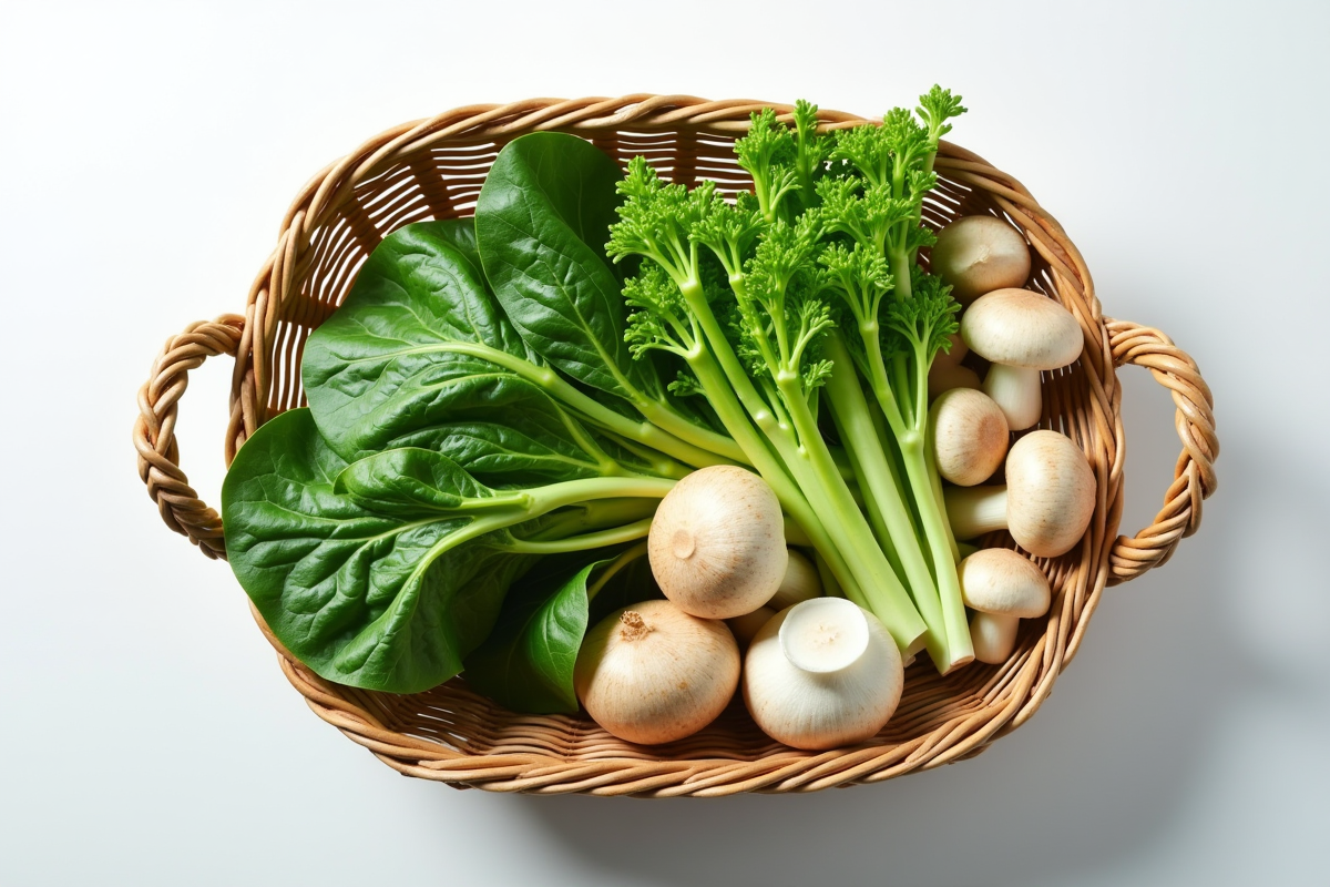 Panier avec escarole edamame et enoki sur surface blanche