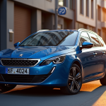 Voiture Peugeot 408 bleue en ville lors du coucher de soleil
