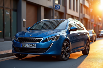 Voiture Peugeot 408 bleue en ville lors du coucher de soleil