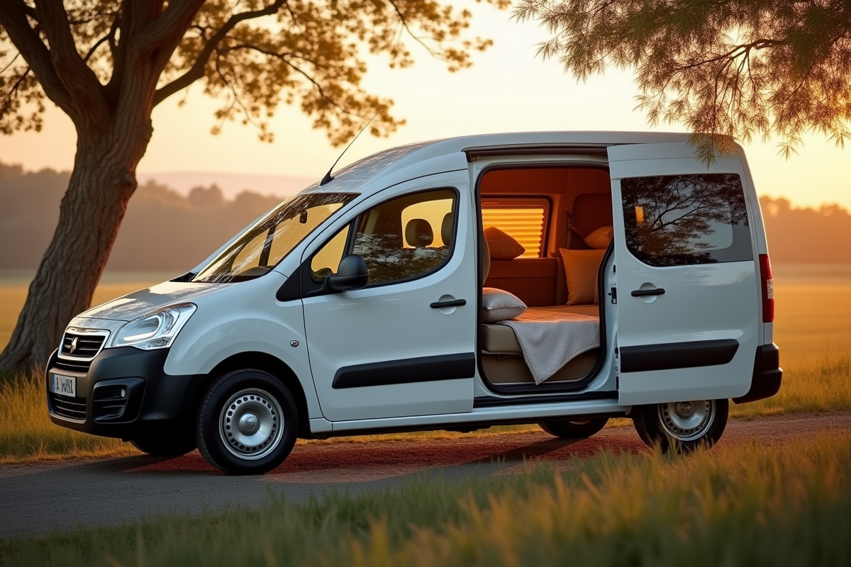 Véhicule Peugeot Partner Tepee en campagne avec intérieur cosy