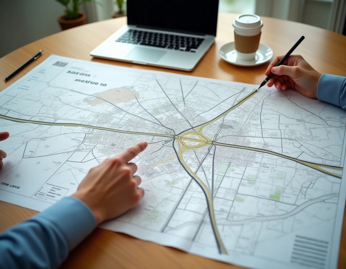 Plan de la troisième ligne de métro de Toulouse étalé sur un bureau dans un bureau d'urbanisme
