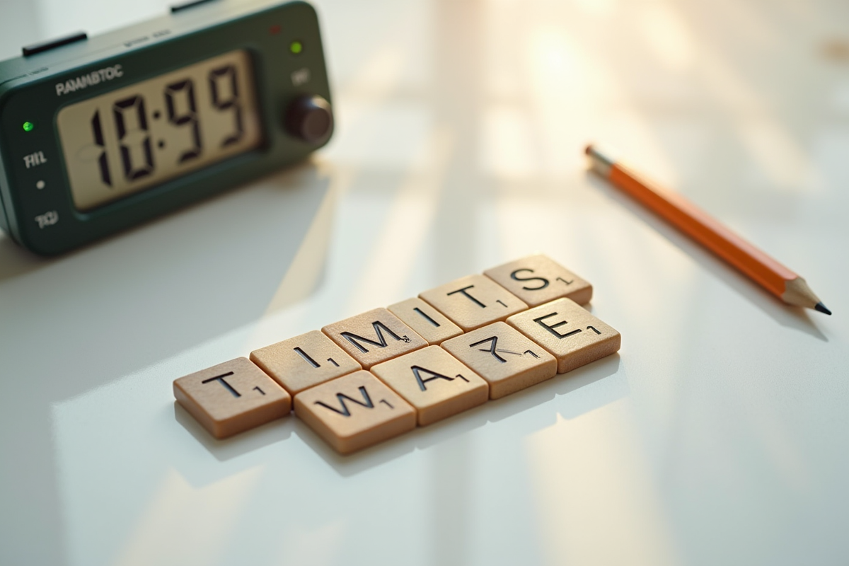 Zoom sur un plateau de Scrabble en cours avec minuterie et crayon