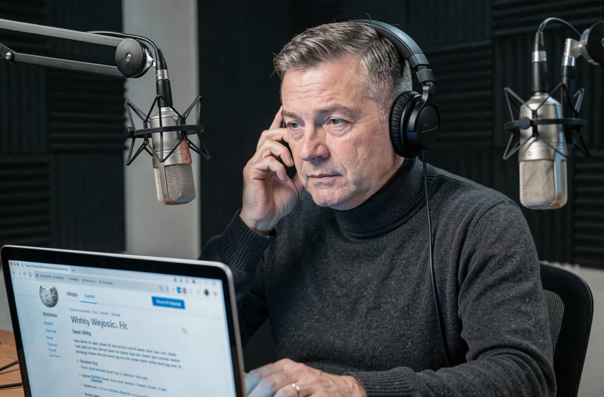 Présentateur radio d'âge mûr dans une cabine d'enregistrement consultant une page Wikipedia sur ordinateur portable