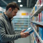 Homme comparant le prix d'une cartouche d'encre dans un magasin de fournitures de bureau au Luxembourg