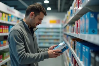 Homme comparant le prix d'une cartouche d'encre dans un magasin de fournitures de bureau au Luxembourg