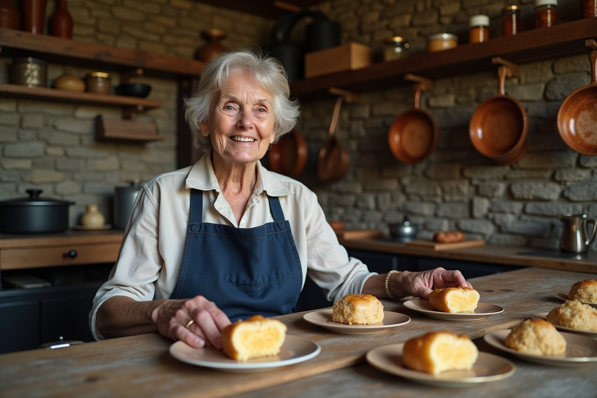 Femme âgée préparant du foie gras dans une cuisine rustique