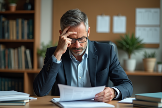 Professeur universitaire examine un rapport d'étudiant dans son bureau