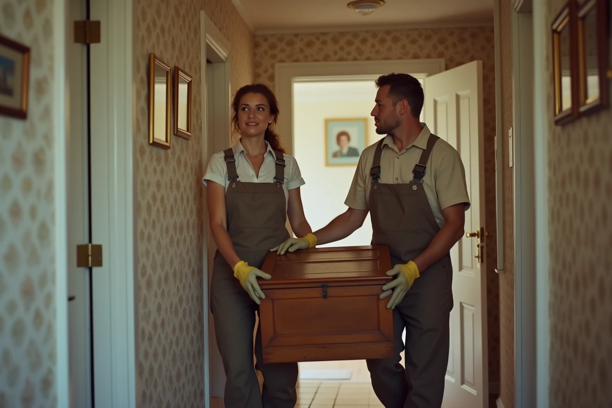 Deux professionnels transportent un coffre en bois dans un couloir
