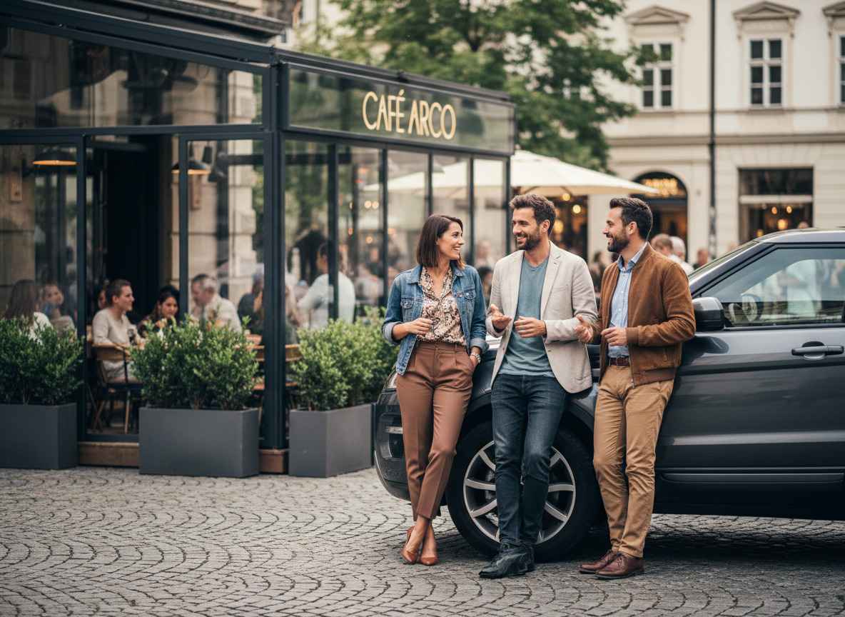 Groupes de professionnels autour d’un SUV devant un café
