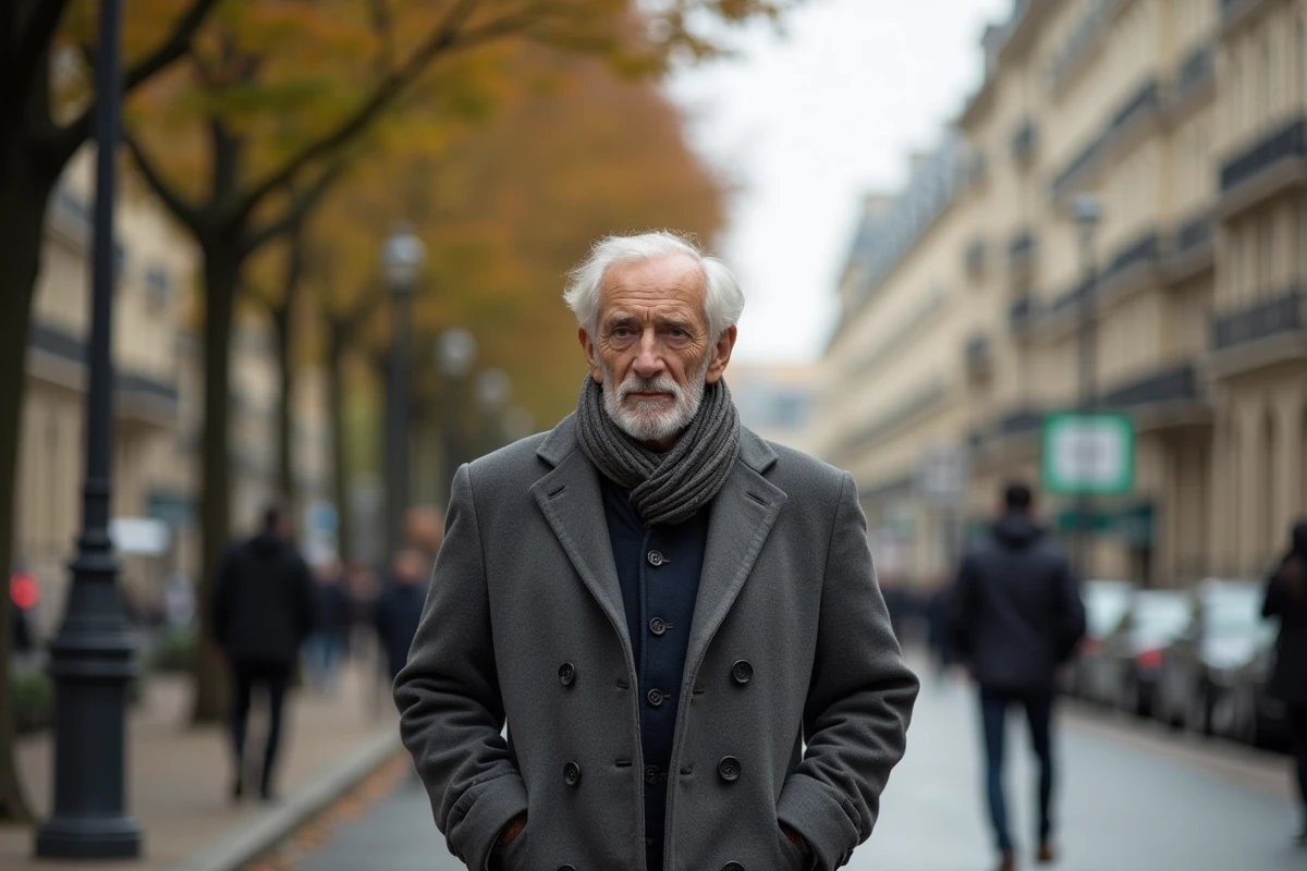 Homme âgé marchant dans une rue parisienne historique