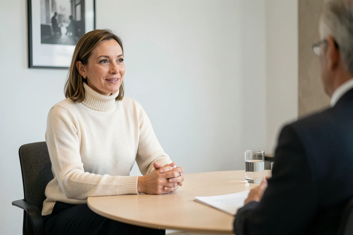 Portrait en interview d'une femme à la trajectoire atypique dans une salle de réunion épurée, expression ouverte et confiante lors d'un entretien éditorial