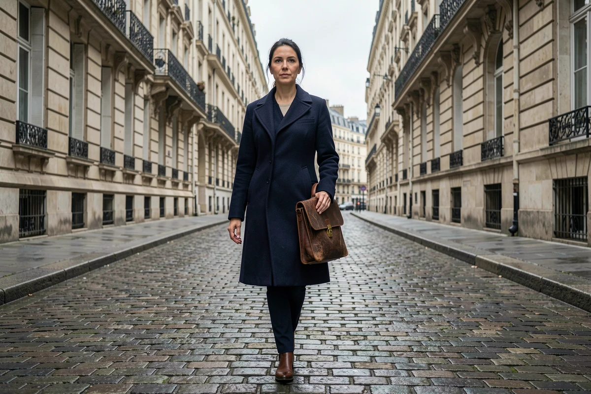 Femme à la trajectoire professionnelle atypique marchant avec détermination dans une rue pavée parisienne, porte-documents en cuir sous le bras
