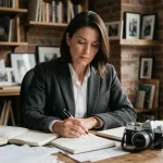 Rachel Garrat-Valcarcel dans son studio créatif, assise à un bureau en bois avec des documents et une caméra vintage, regard pensif et déterminé