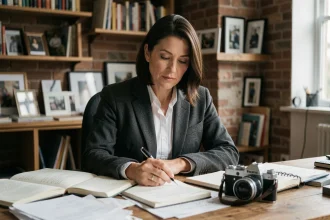 Rachel Garrat-Valcarcel dans son studio créatif, assise à un bureau en bois avec des documents et une caméra vintage, regard pensif et déterminé